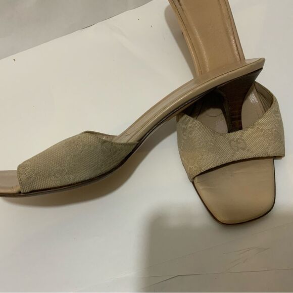GUCCI Mules Sandals Heel GG Canvas Beige neutrals low heels size 8 B - Picture 5 of 14